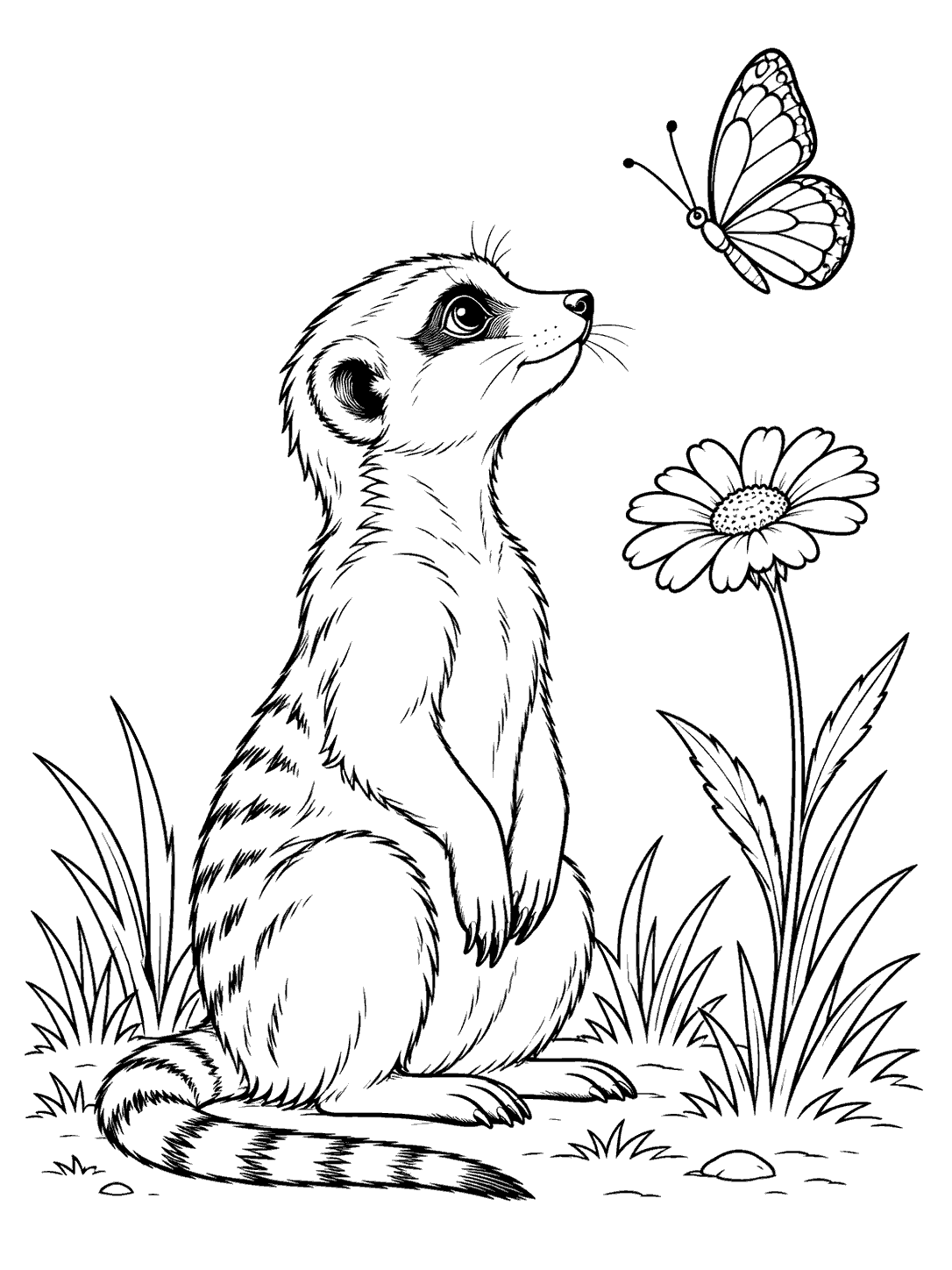 Black outline coloring page showing a seated meerkat looking up at a butterfly, with one wildflower and grasses.