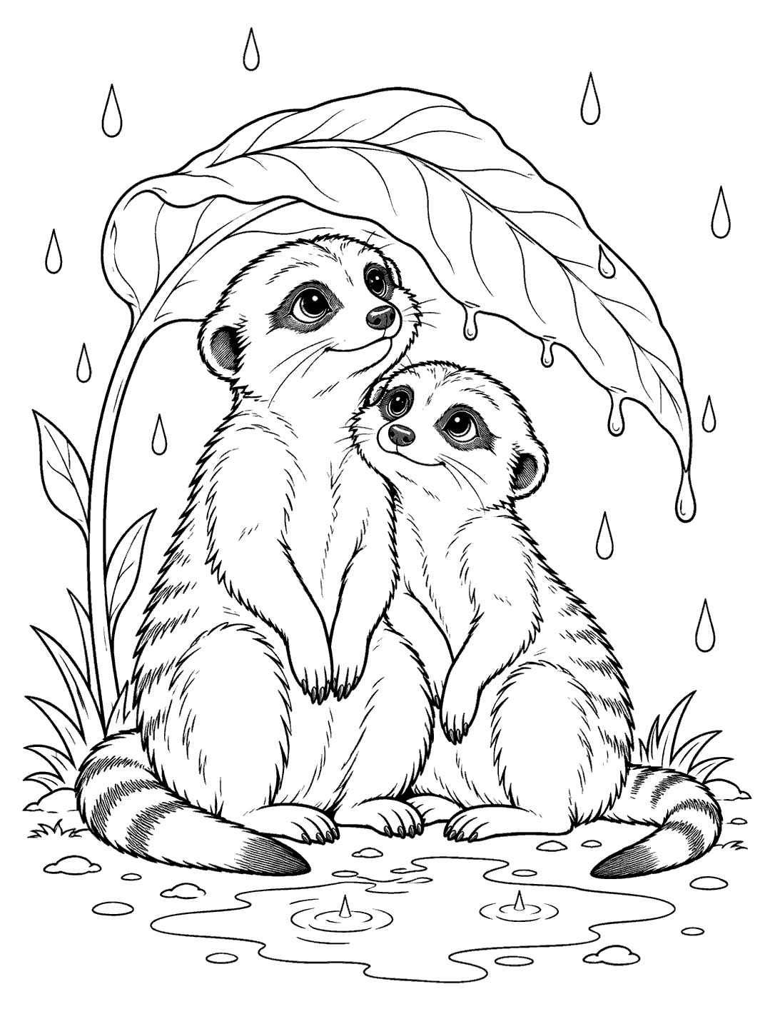 Two meerkats huddled beneath a large leaf, surrounded by raindrops and a puddle.