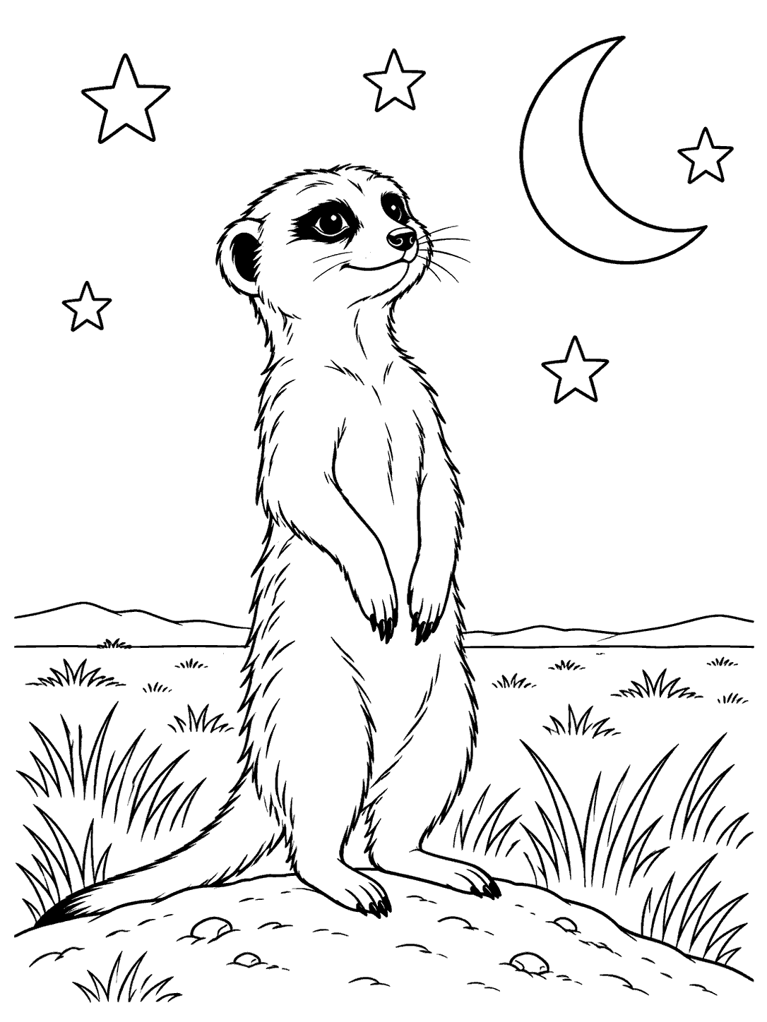 Upright meerkat on a grassy rise beneath a crescent moon and stars