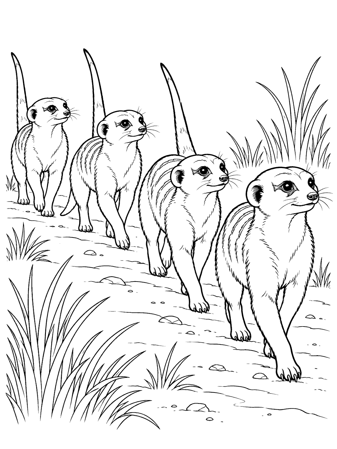 Four outlined meerkats walking in a line along a grassy path, with a few grass clumps around them.