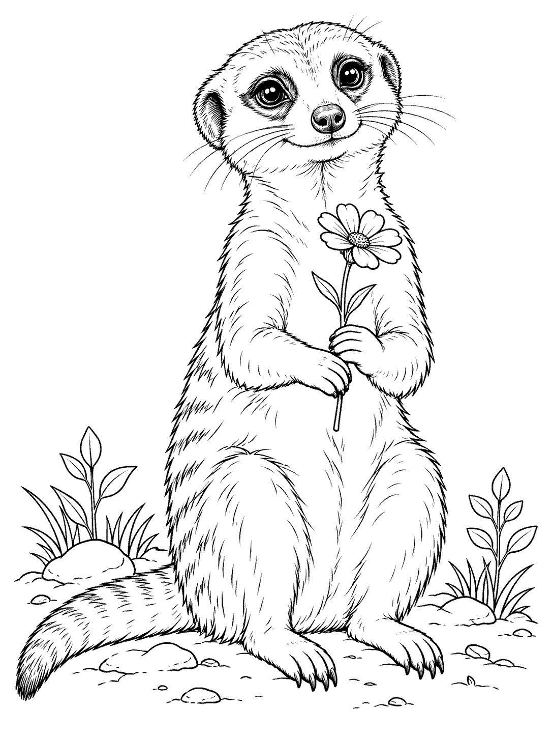 Seated meerkat holding a wildflower, with small plants around it