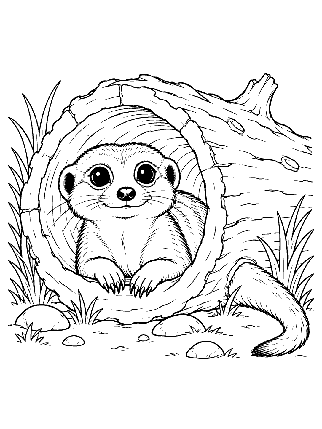 Black ink coloring page of a meerkat peeking from a hollow log, with its forepaws visible, tail curled beside it, and grass and stones nearby.