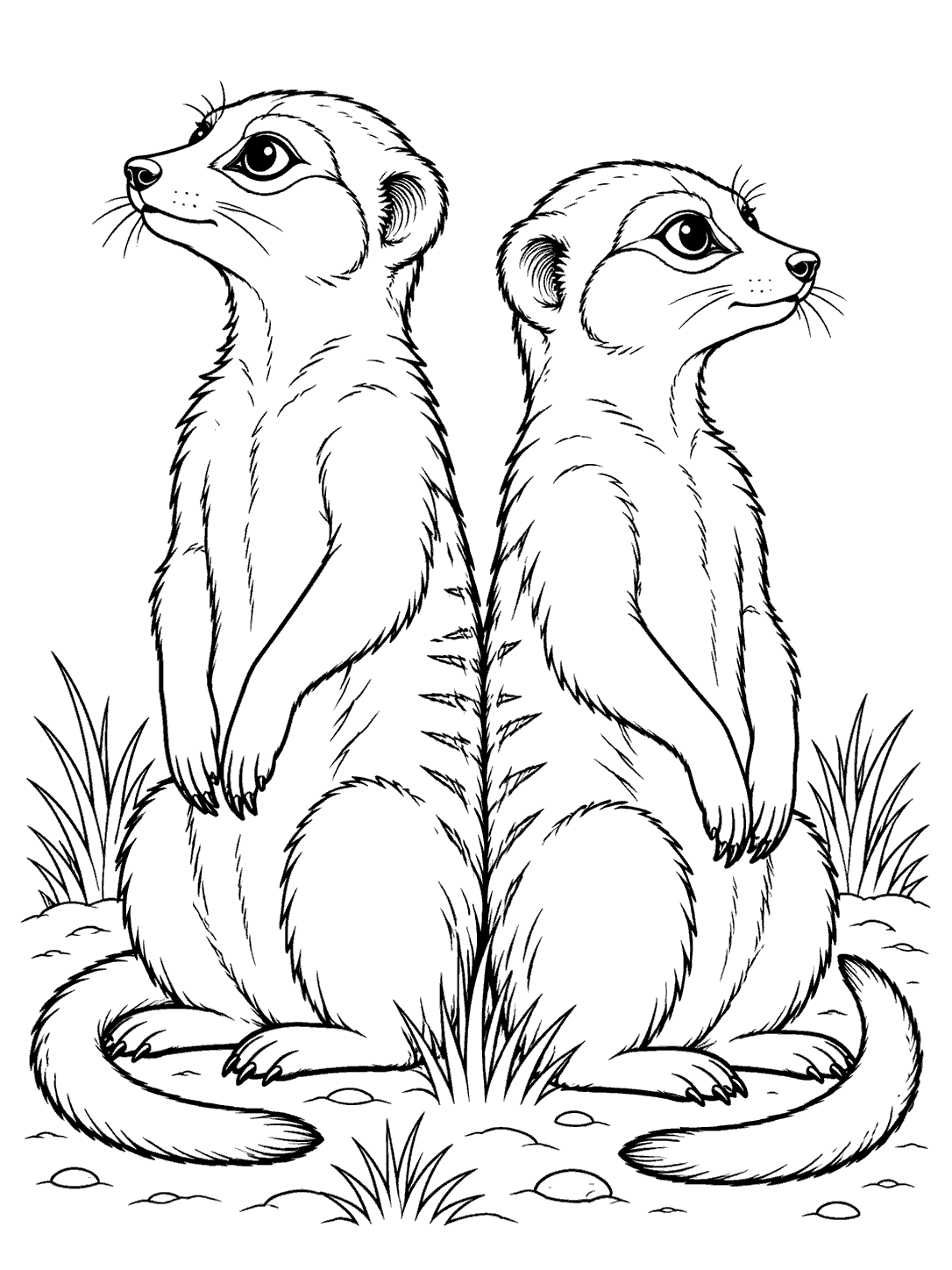 Two upright meerkats sitting back to back, gazing in opposite directions, with their tails curled around their feet.