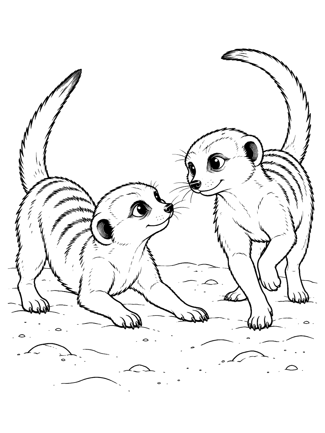 Two young meerkats face each other playfully on open sand, one crouching and the other stepping sideways with its curved tail raised.