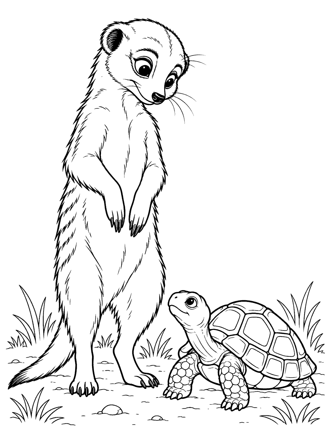 Standing meerkat curiously looking down at a domed-shell tortoise on grassy ground