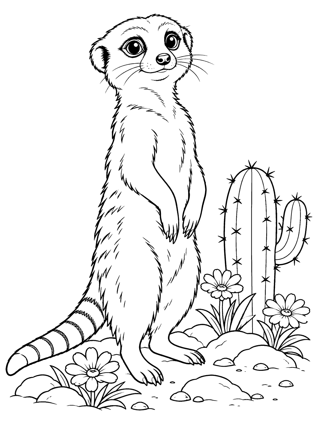 Upright meerkat with a banded tail beside a cactus and desert flowers