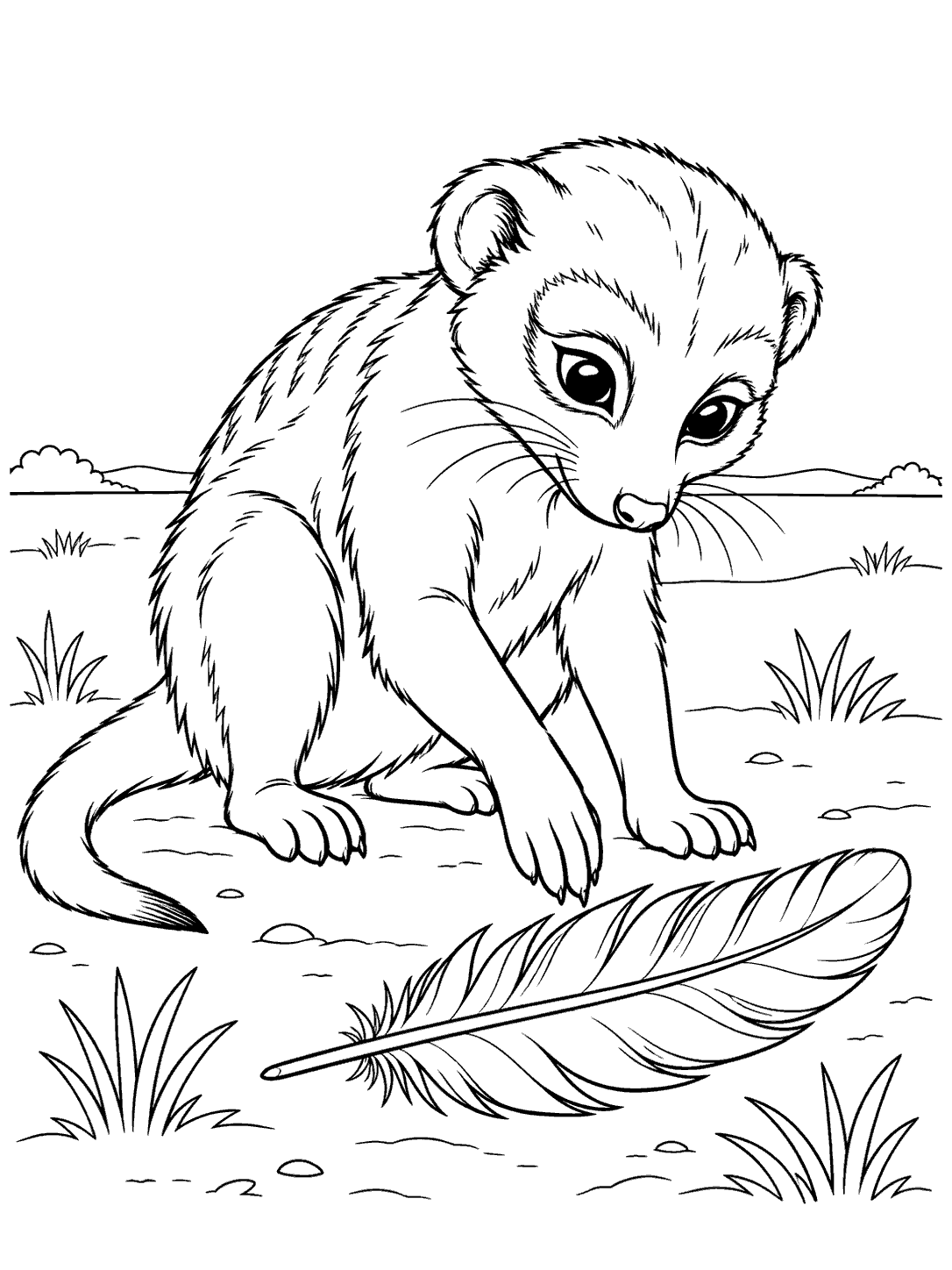 A crouching meerkat examining a large feather amid grass and a simple horizon.