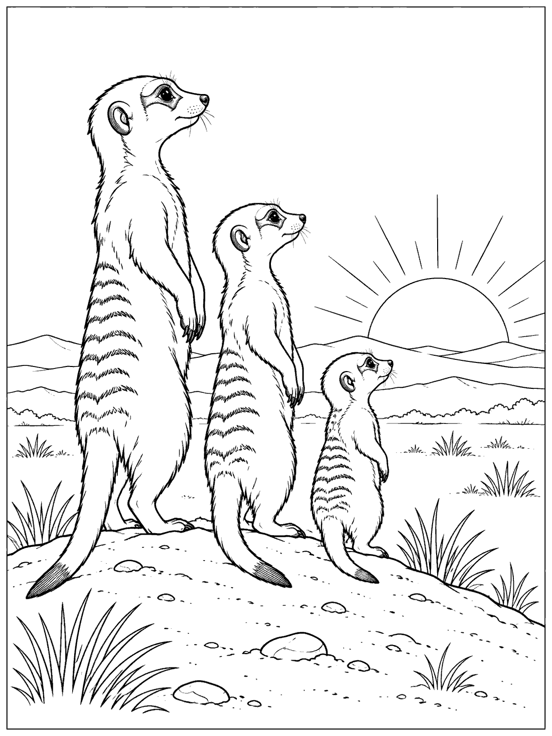 Three meerkats of different sizes watching a rising sun, with hills and sparse grasses behind them.