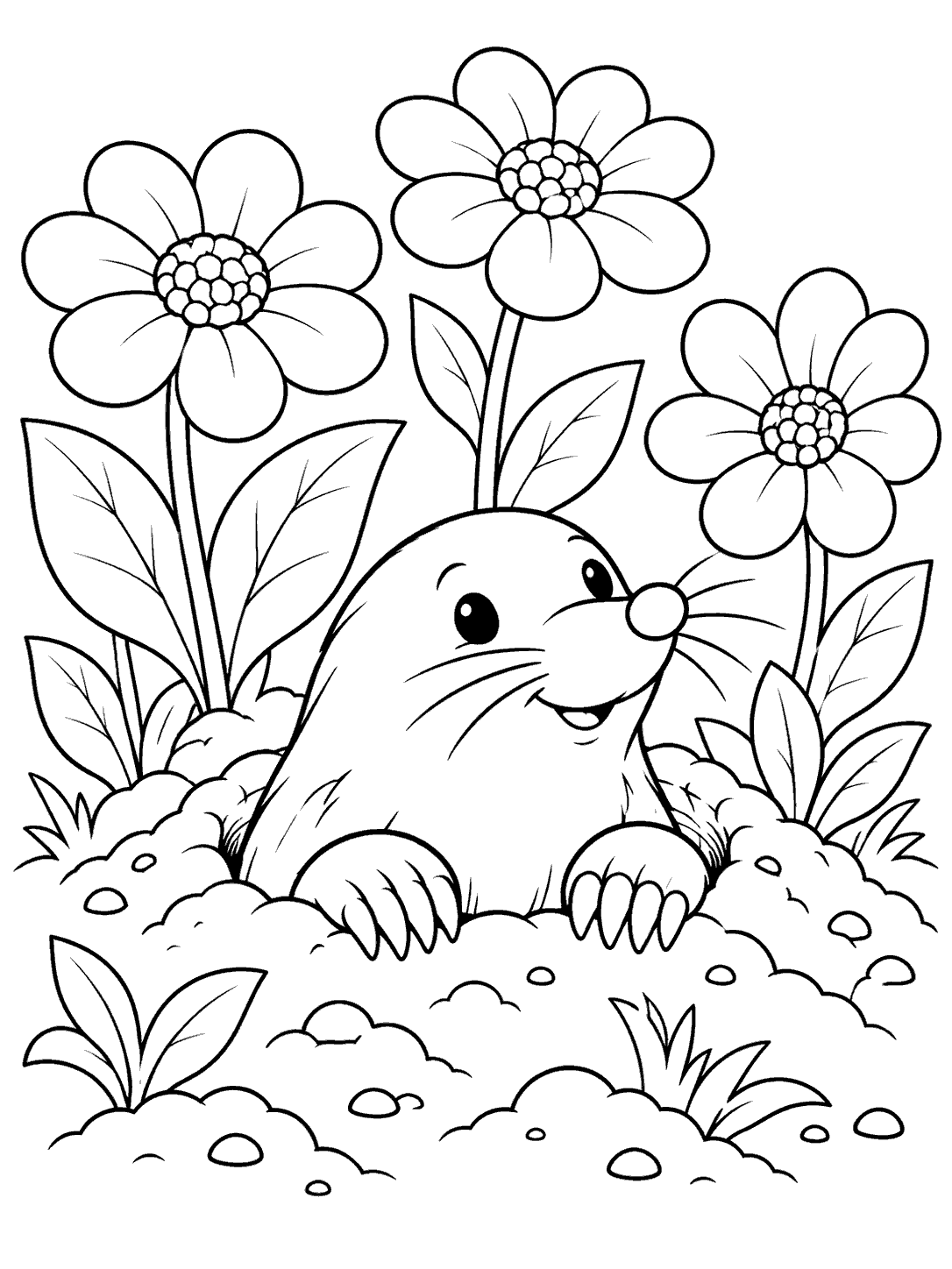 A smiling mole with visible paws peeks from a garden bed among three large flowers and leaves.