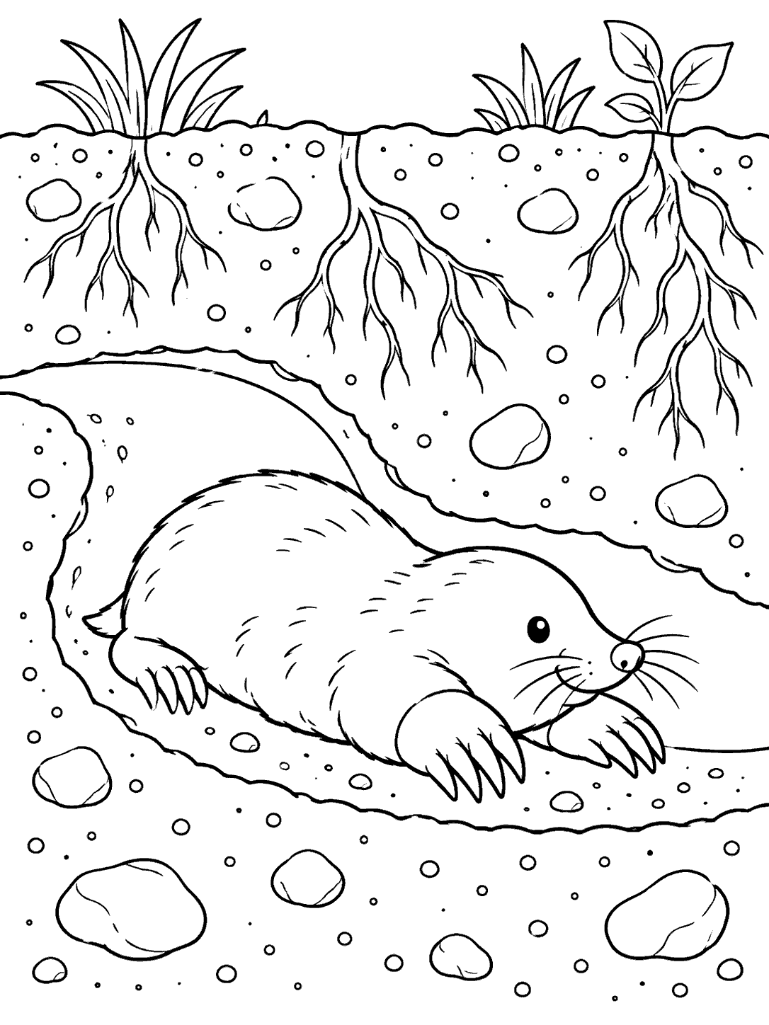 A mole travels through a broad underground tunnel beneath soil, roots, and stones.