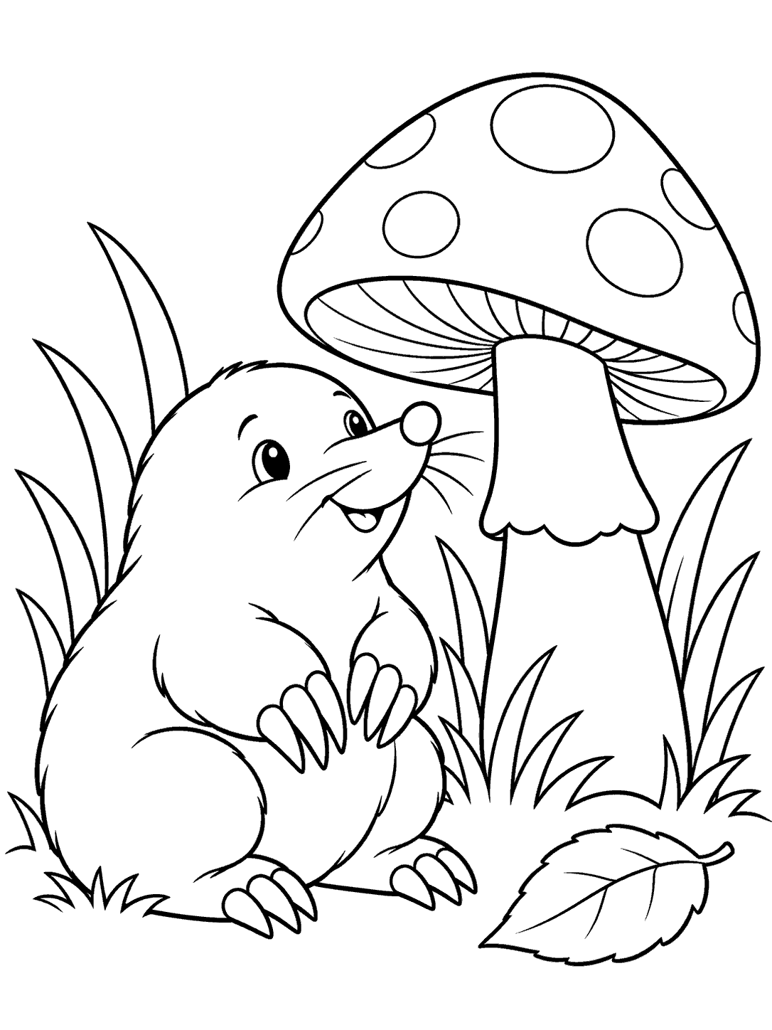 A smiling mole sits beside a large spotted mushroom, surrounded by grass and a fallen leaf.