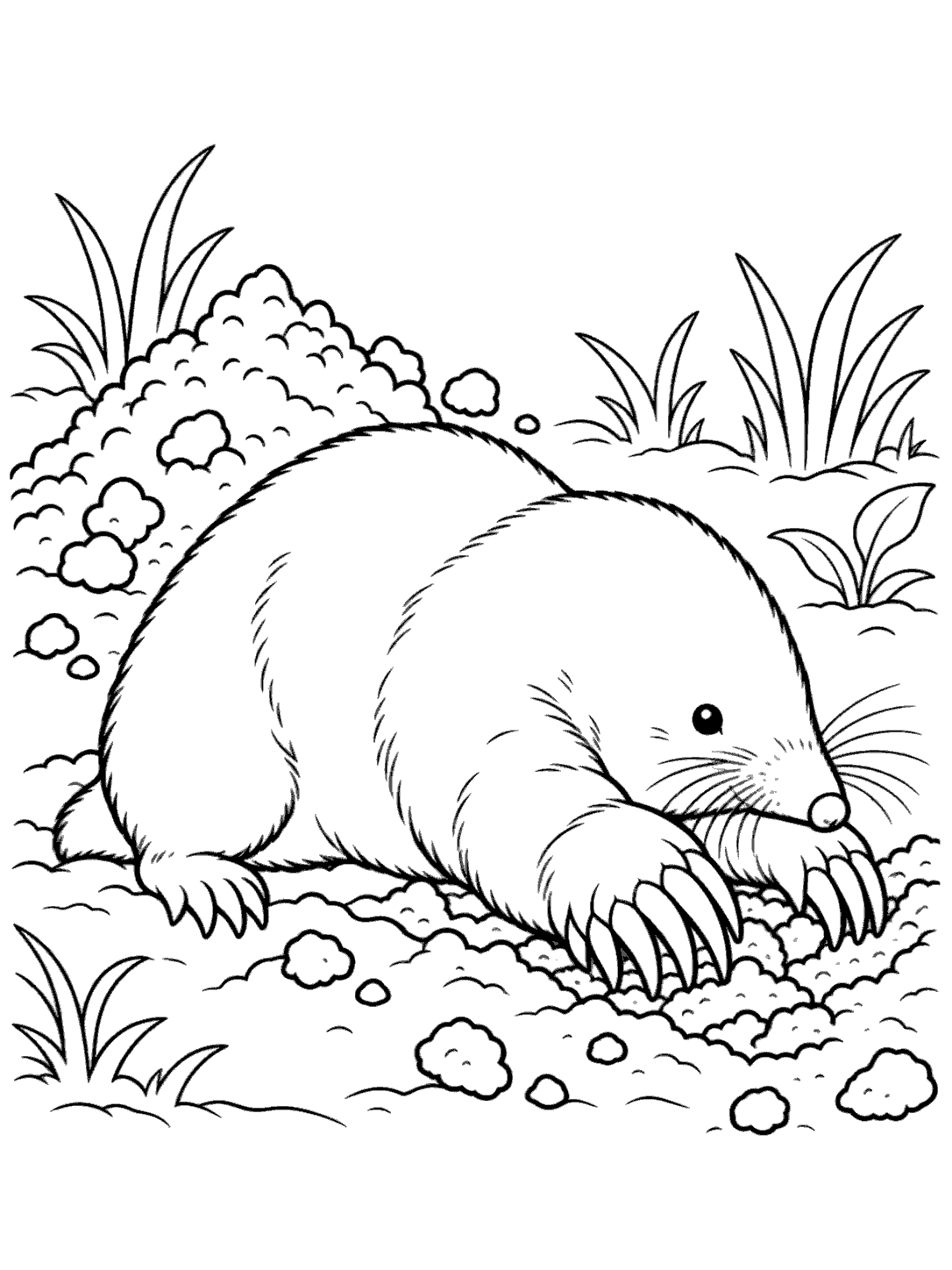 A mole digging with its large forepaws among soil and a few plants.