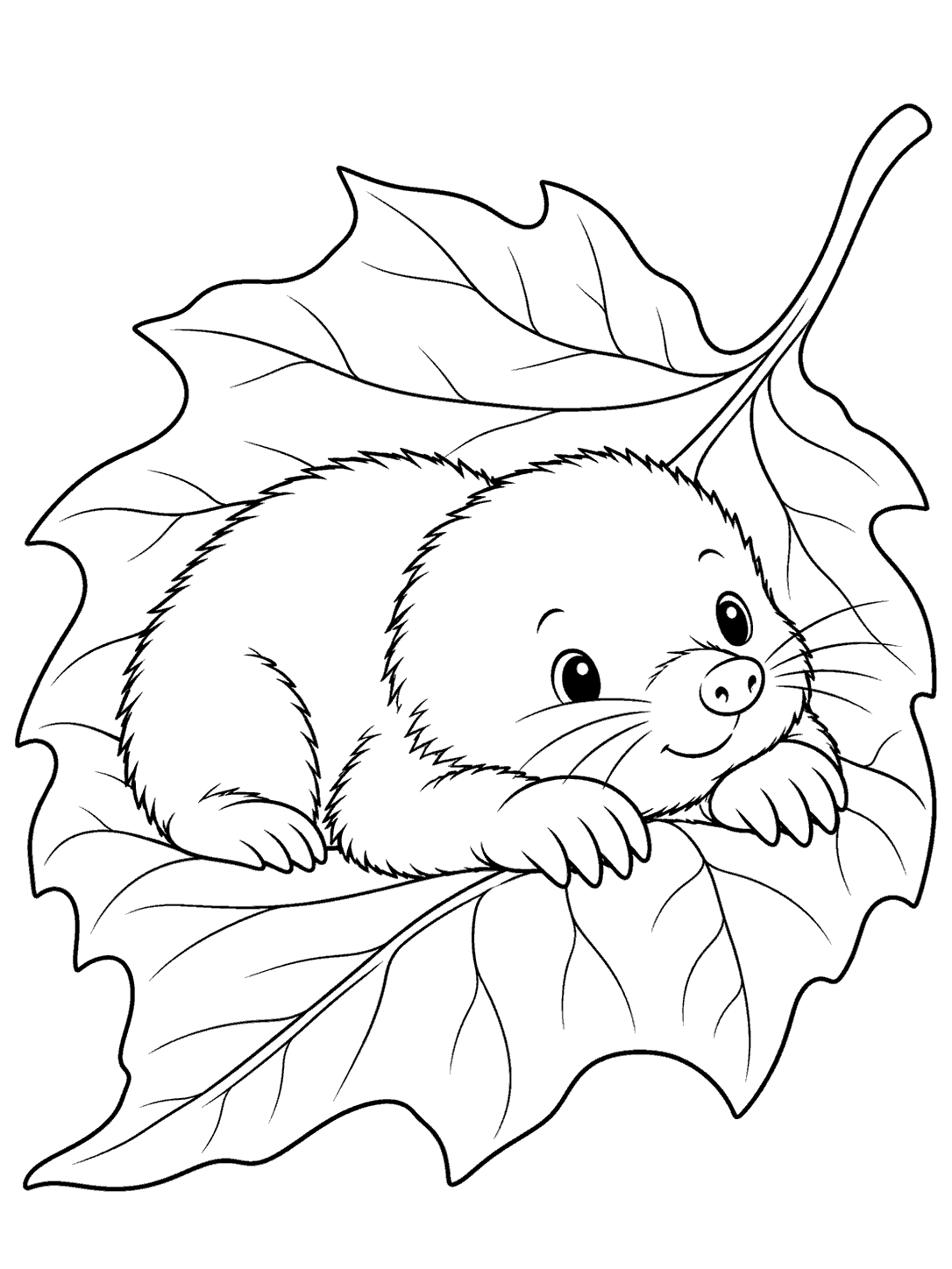 A friendly baby mole curled on an oversized leaf, drawn in black outlines.