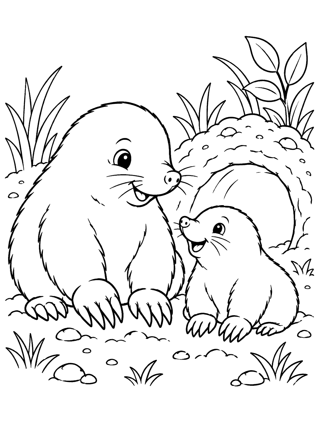 Two smiling moles, one larger and one smaller, sitting beside a burrow entrance among simple plants and stones.