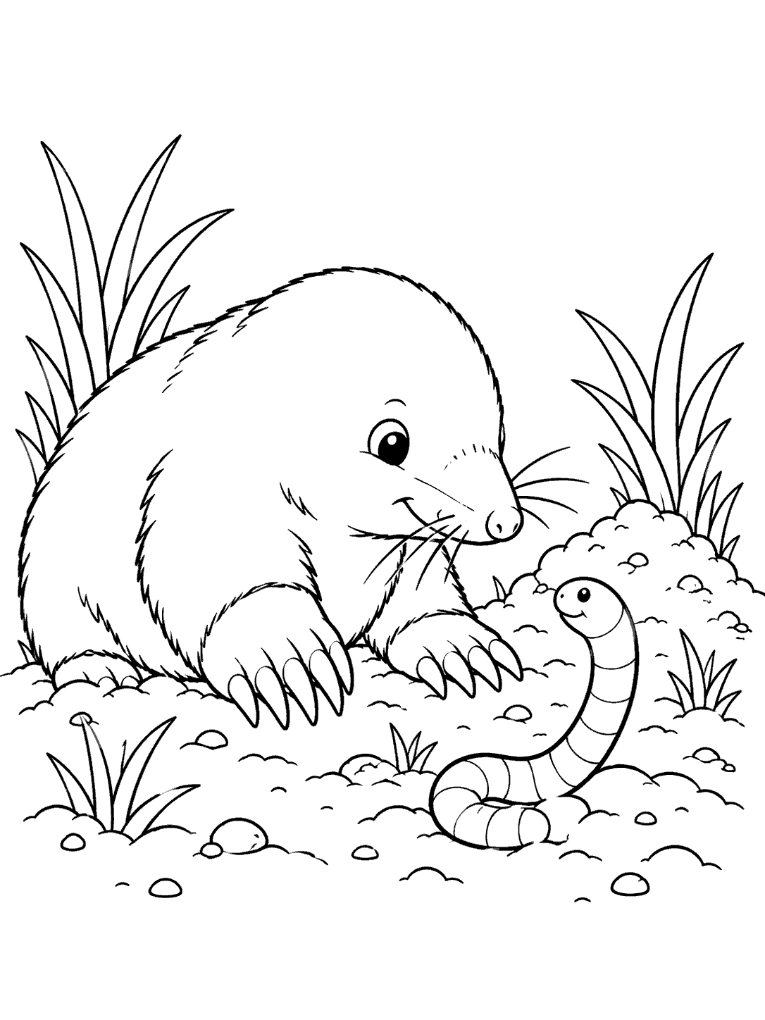 A mole facing a segmented earthworm among small soil clumps and tufts of grass, drawn in black outlines for coloring.
