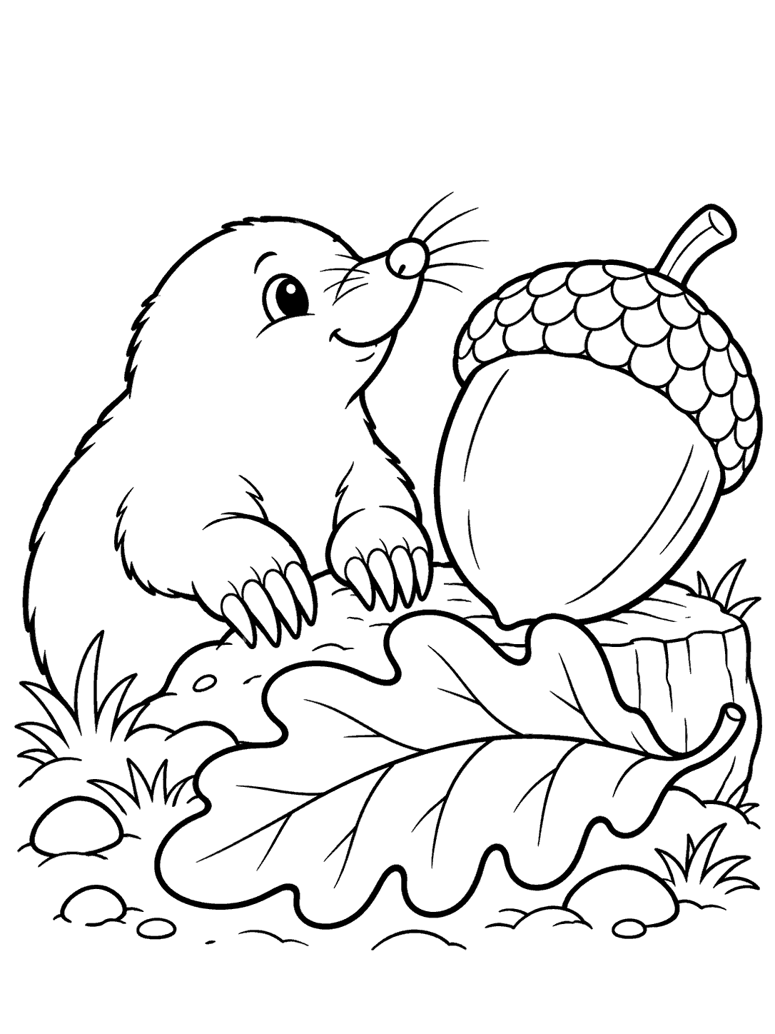 A smiling mole looks toward a large acorn, with a broad oak leaf in the foreground.