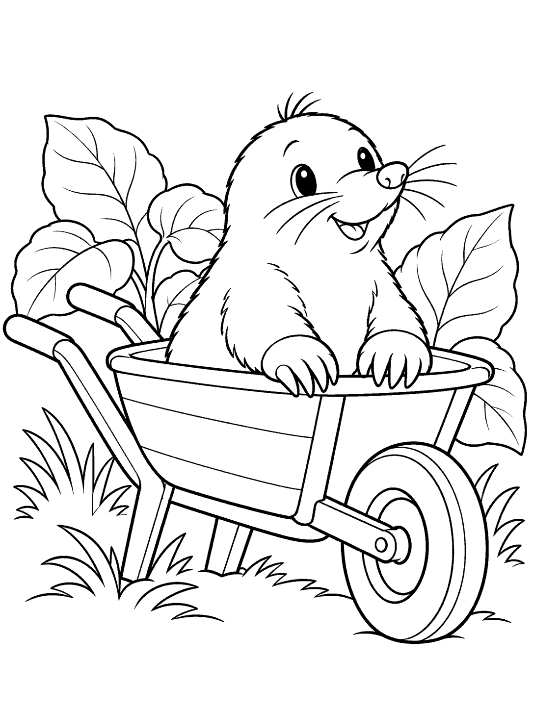 A smiling mole rests its paws over the rim of a wheelbarrow, with broad leaves and grass around it.