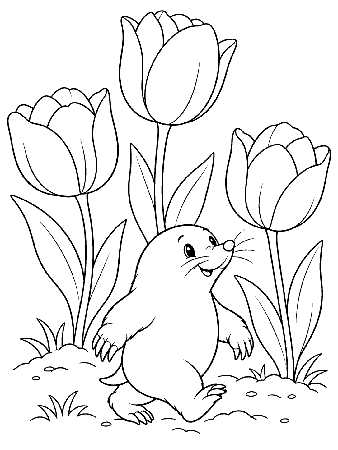 A smiling mole walking in the foreground between three large tulips.