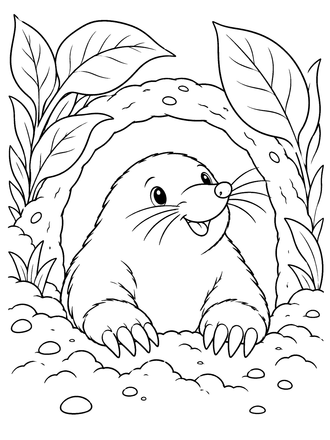 A smiling mole sits at a natural arched burrow opening, framed by large leaves and small stones.