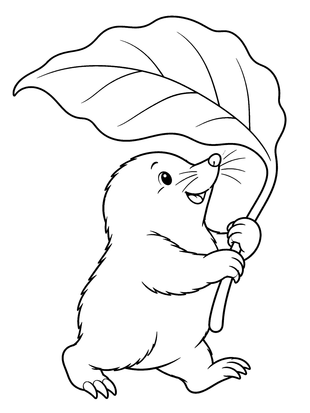 Black-outline coloring page showing a smiling mole holding a large, veined leaf above its head.