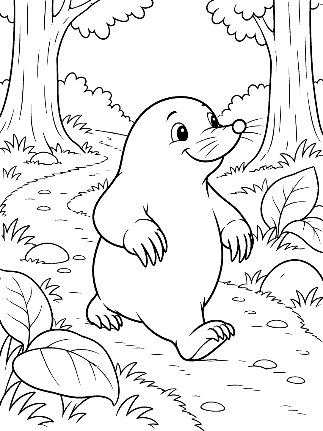 A large smiling mole walking on a winding woodland path with trees, stones, and broad leaves.