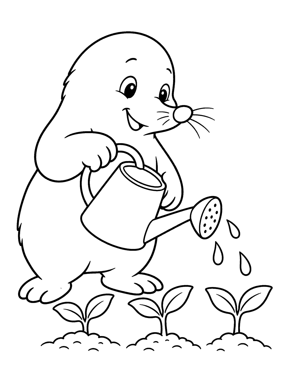A smiling mole waters three seedlings with a watering can.