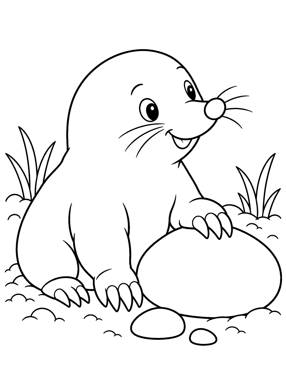 Black-outline coloring page of a mole beside a large oval pebble, with two small stones nearby.