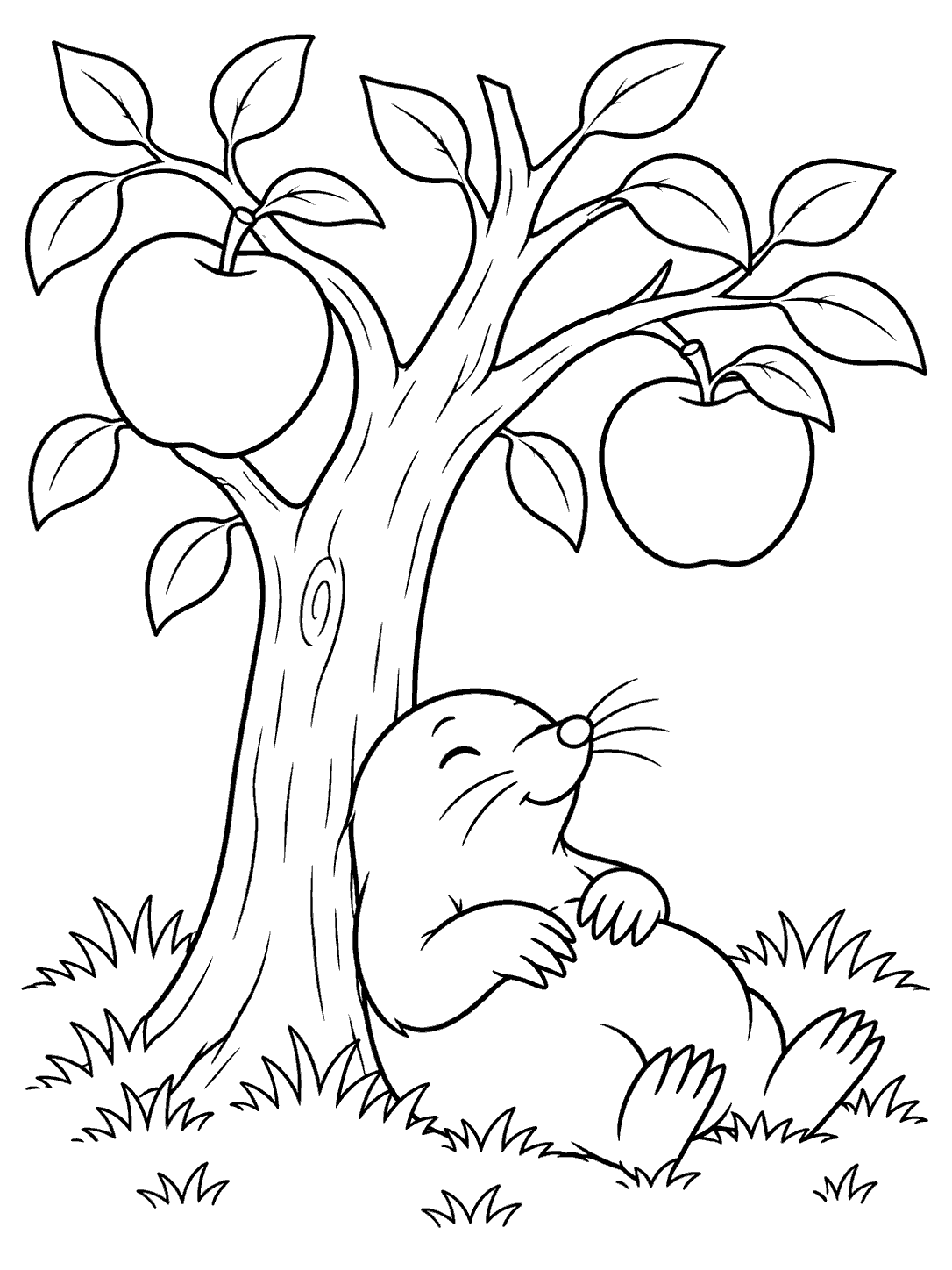 A smiling mole resting under an apple tree with two apples