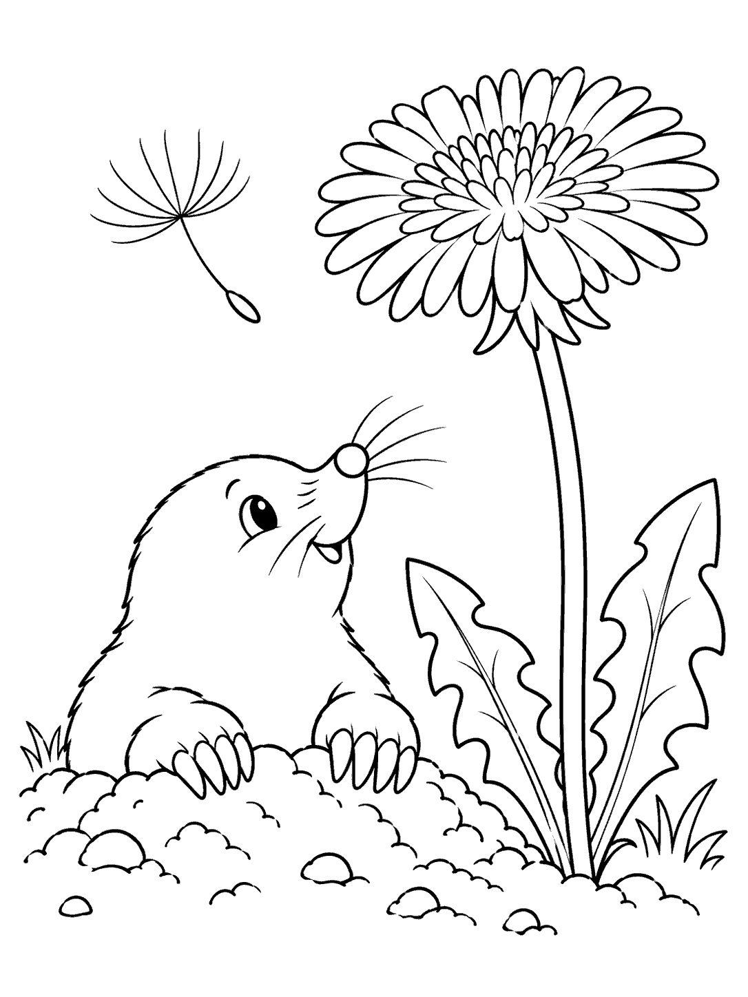 A mole peeks from a small mound beside a tall dandelion, with a detached seed puff nearby.
