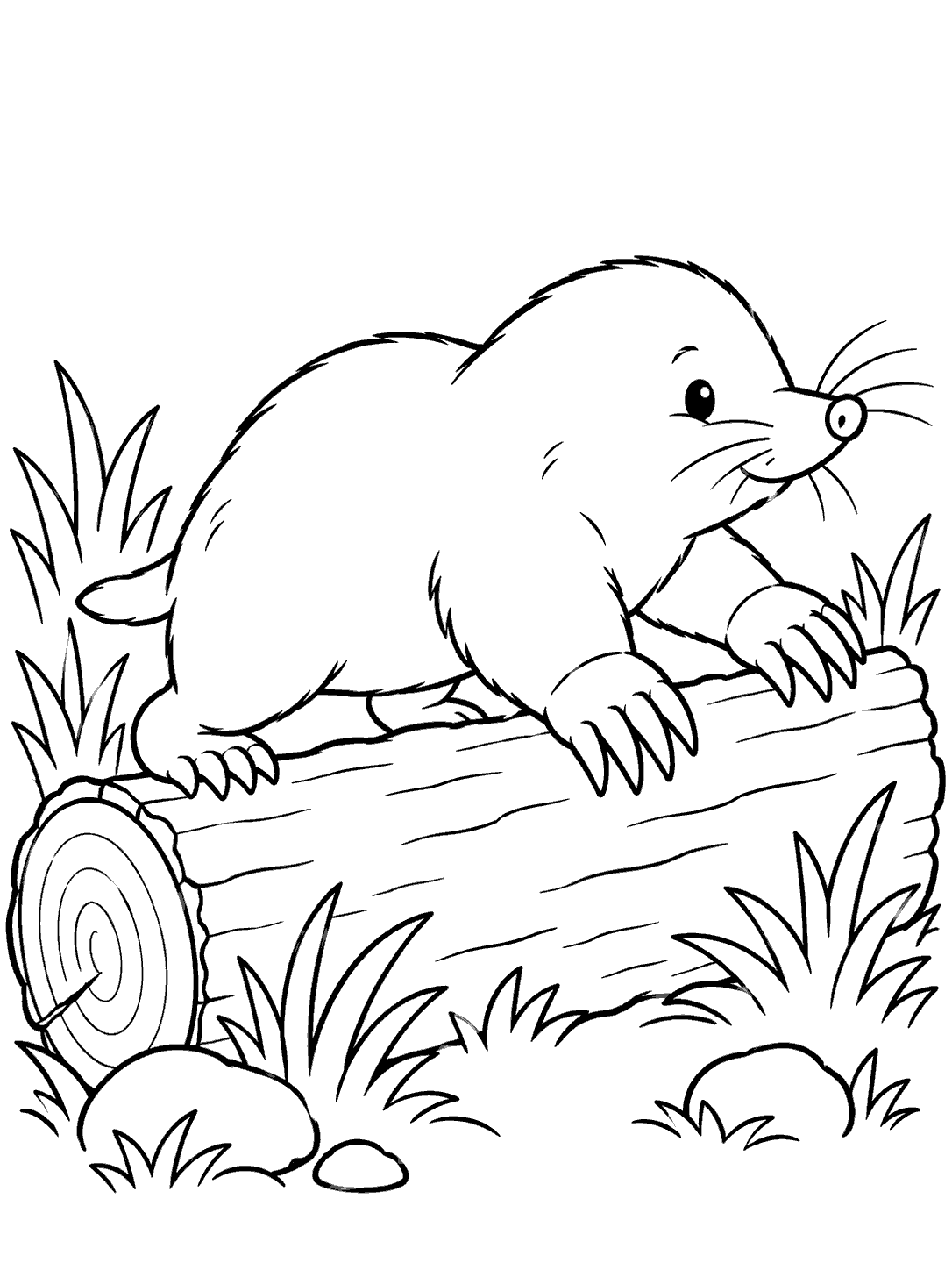 A mole with its whole body visible crossing a fallen log, surrounded by simple grass and rocks.