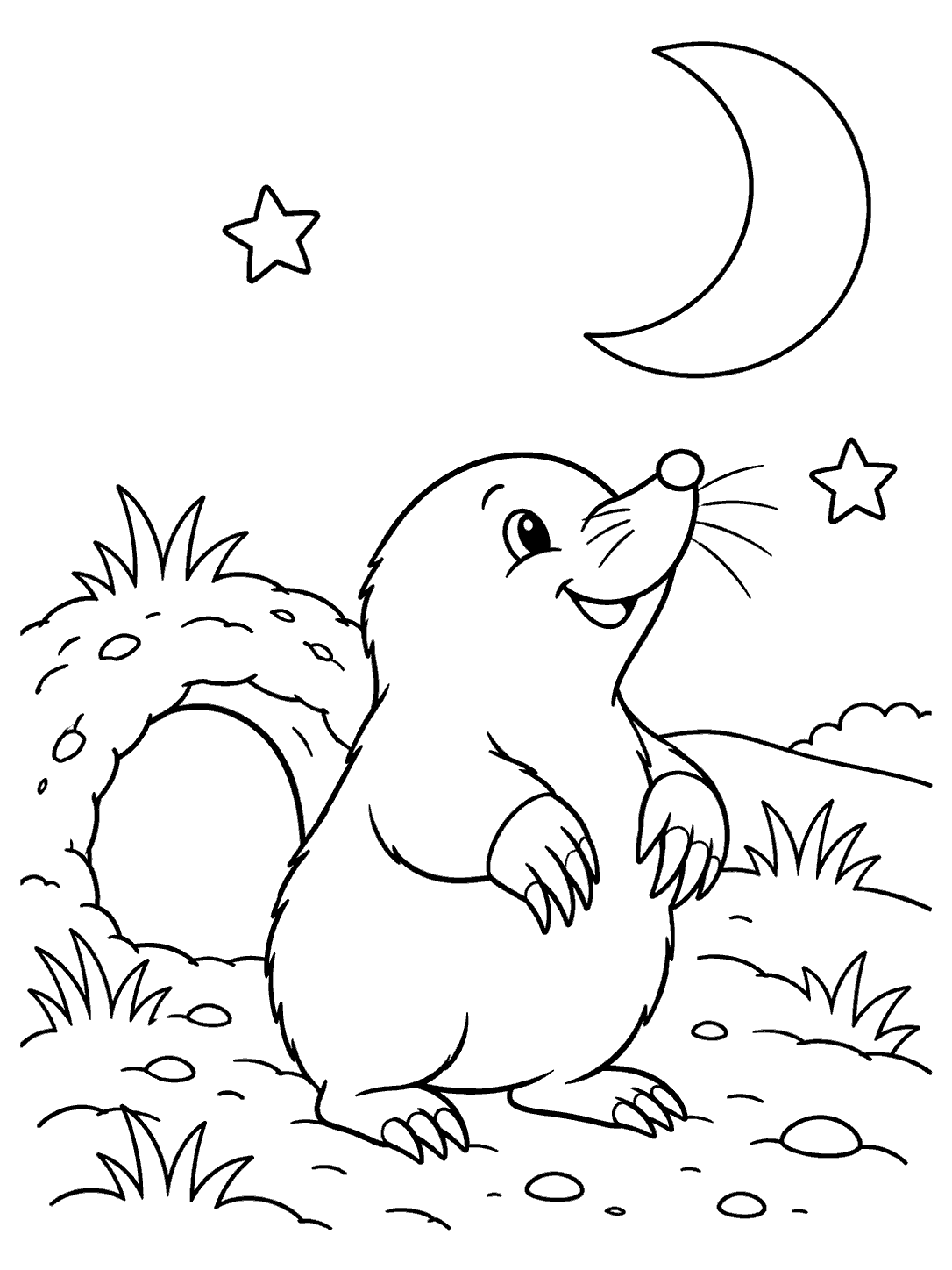 A cheerful mole standing outside its burrow beneath a crescent moon and two stars.