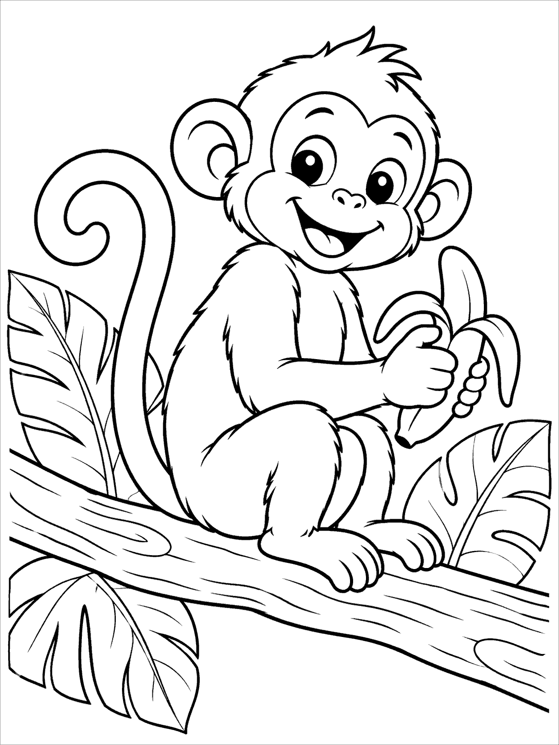 Smiling monkey seated on a branch with a peeled banana, surrounded by tropical leaves.