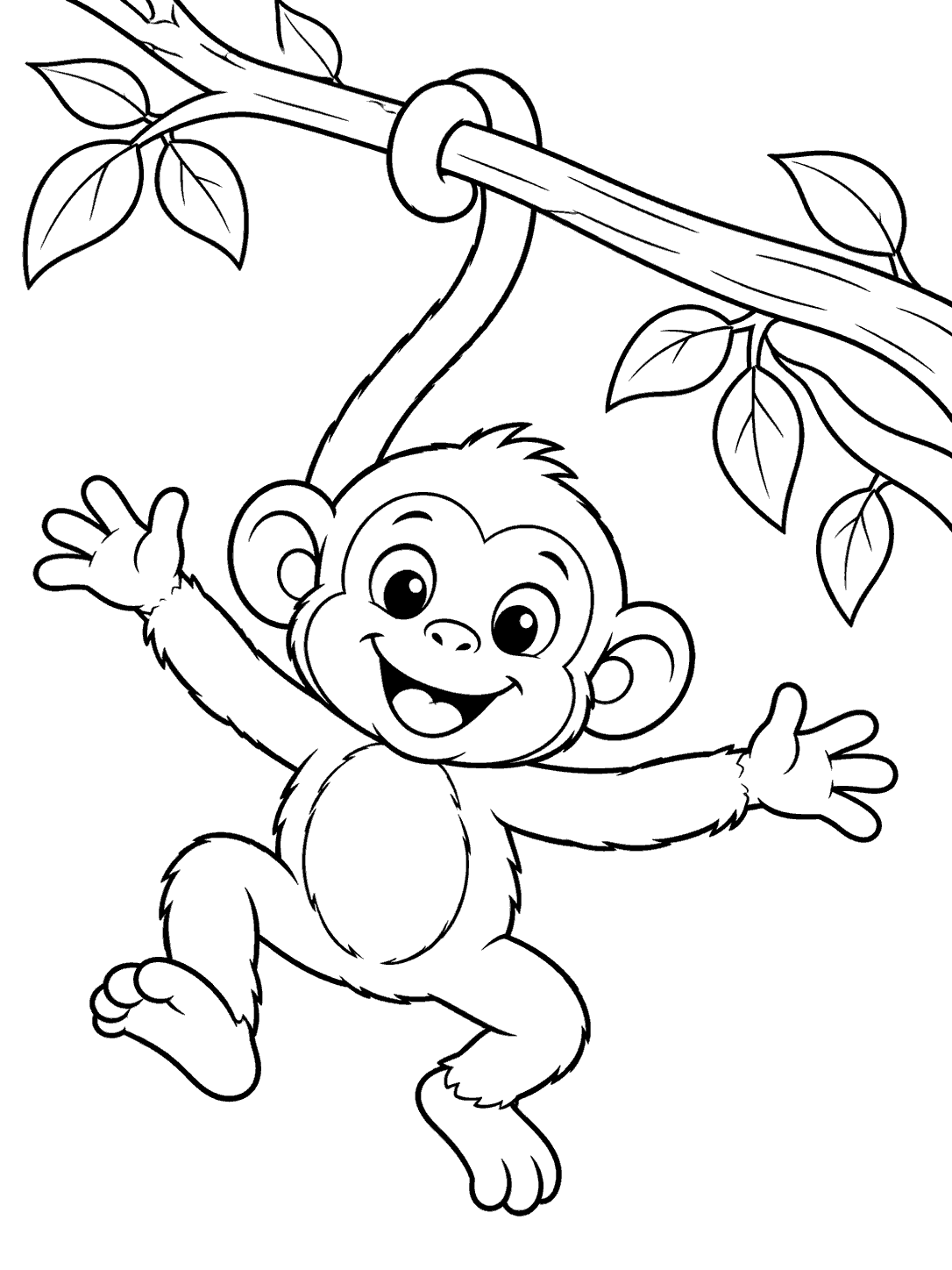 A smiling monkey hanging by its curled tail from a branch, arms outstretched and legs bent, with leafy branches nearby.