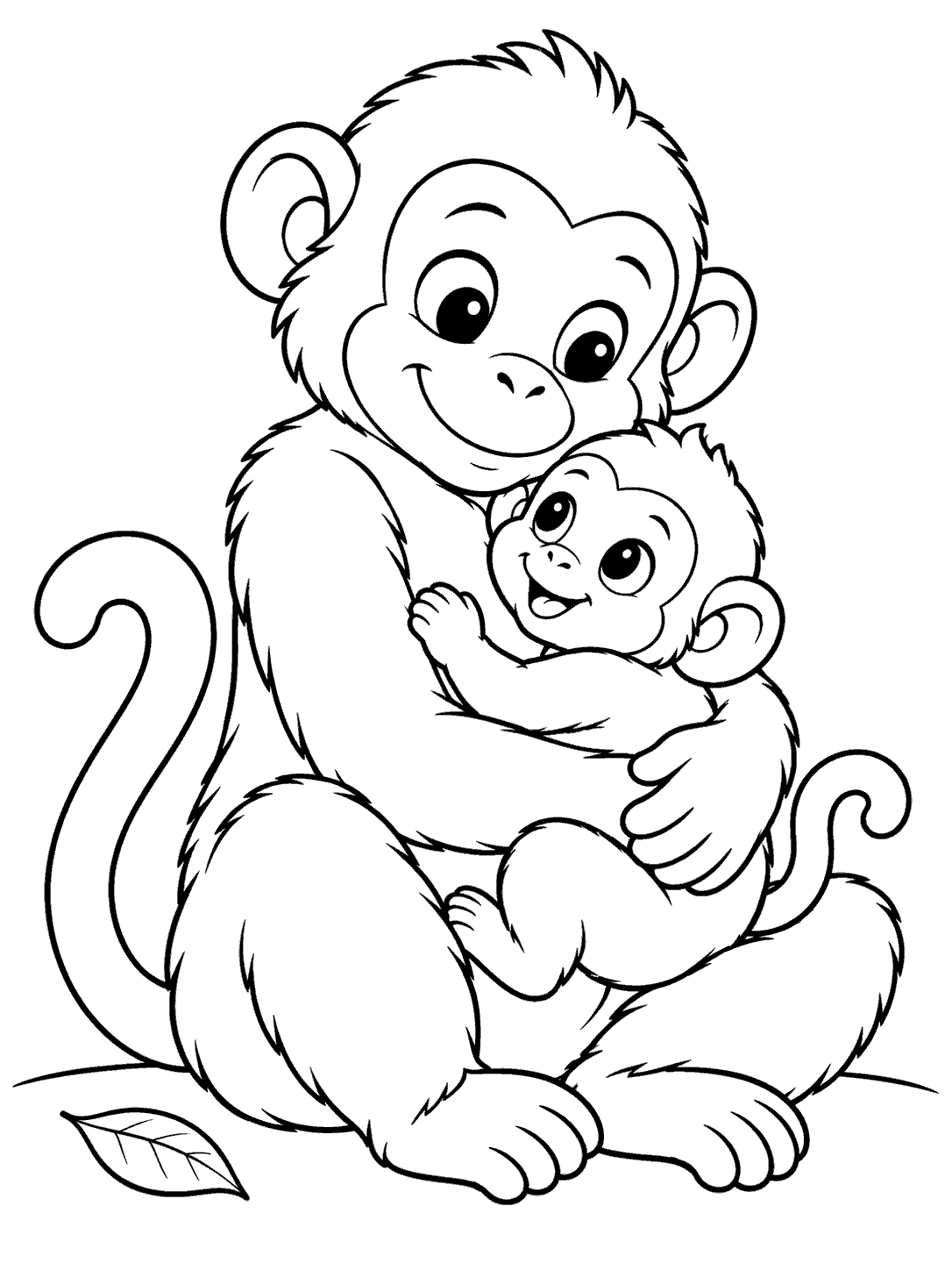 A larger monkey sits cuddling a small baby monkey, with a leaf on the ground.