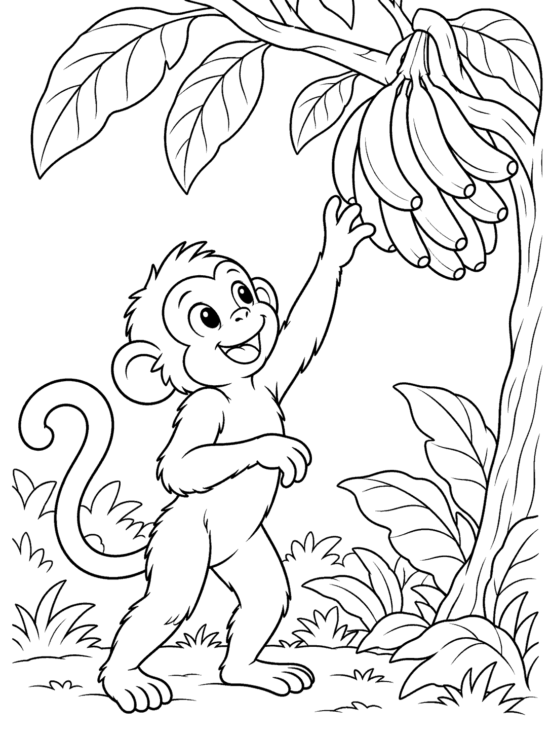 A smiling standing monkey reaching up toward a bunch of curved bananas in a leafy jungle scene.