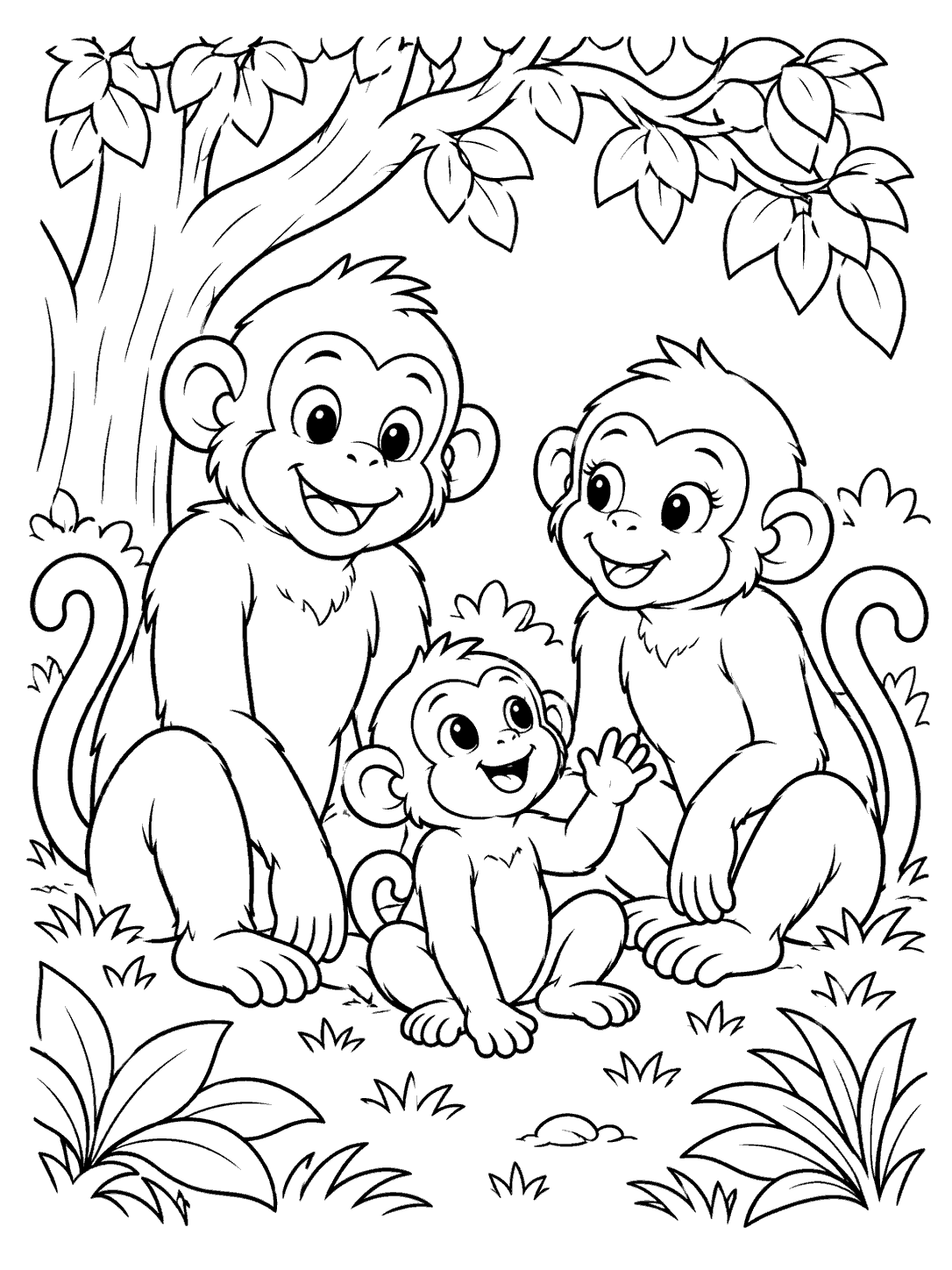 Two adult monkeys and a smaller waving youngster sit together beneath a leafy tree.