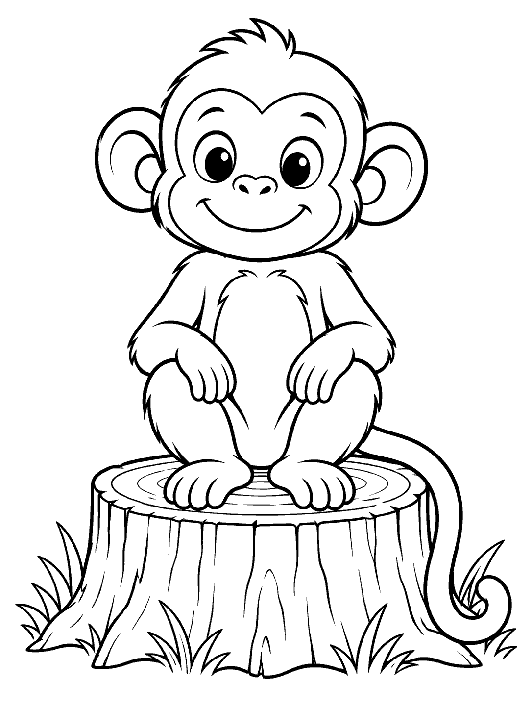 A smiling monkey sits upright on a tree stump with its hands on its knees and tail curling down beside it; grass grows around the base.