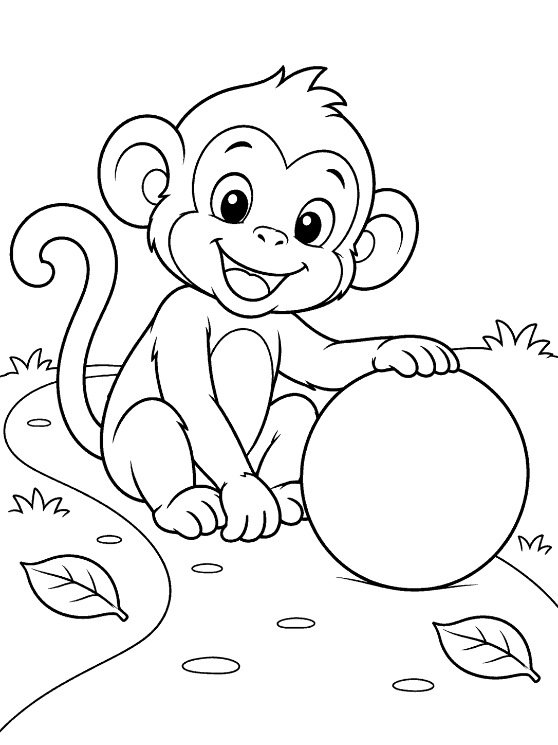 Smiling seated monkey resting one hand on a large plain ball beside a curving path and two leaves.