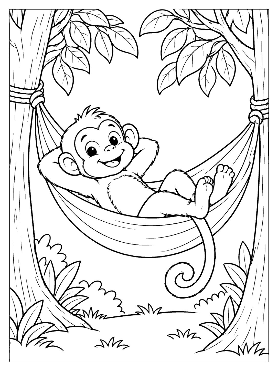 Smiling monkey reclining in a hammock, its arms and feet visible and curled tail hanging below, between two trees.
