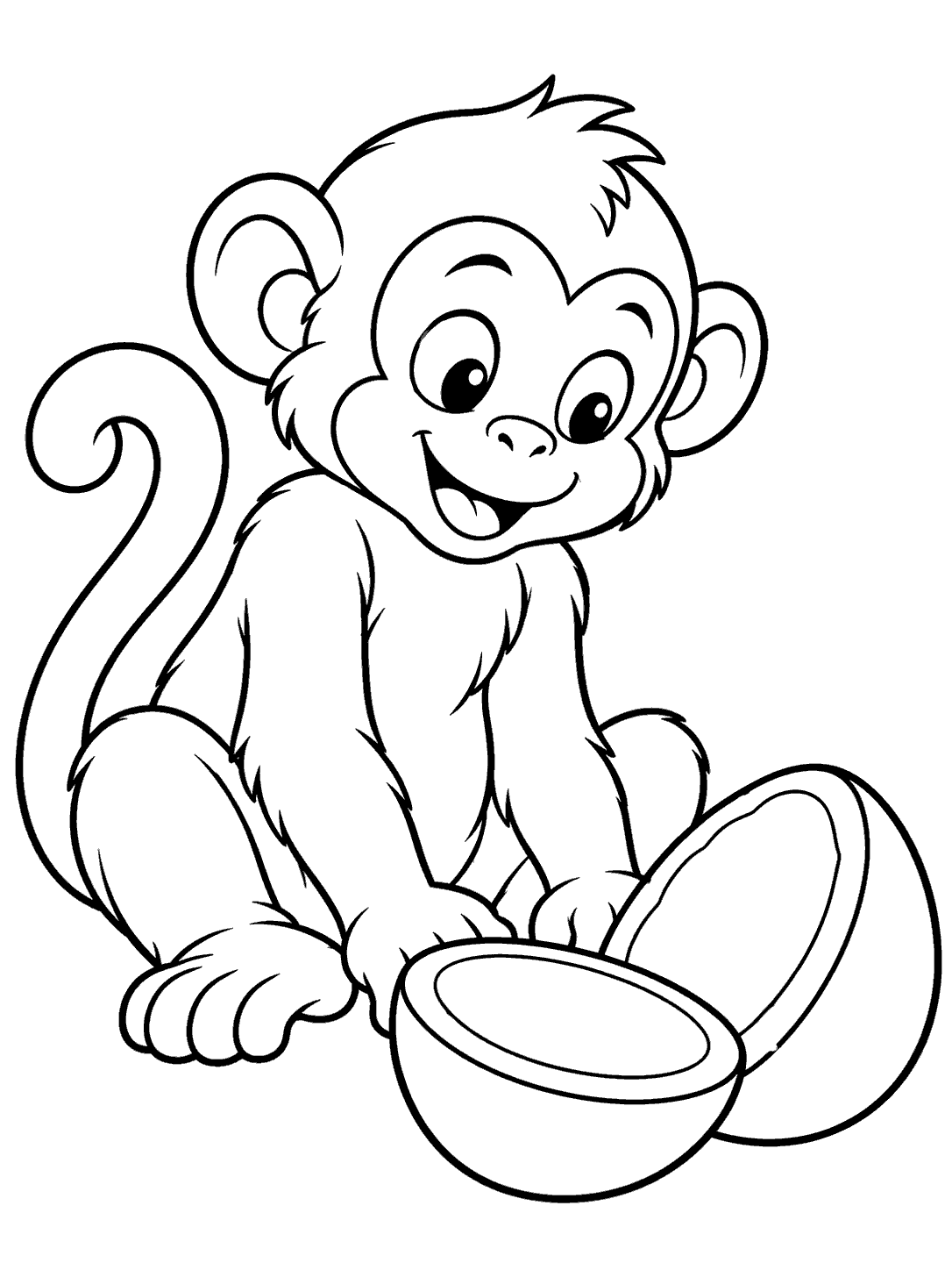 Seated monkey looking at two split coconut halves