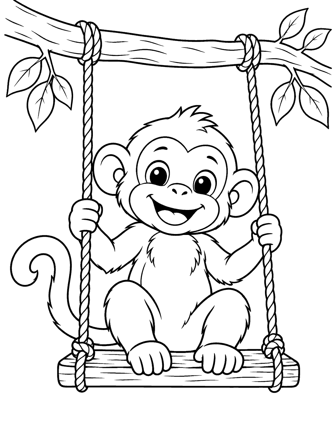 Smiling monkey holding the ropes while seated on a wooden swing beneath a branch with a few leaves