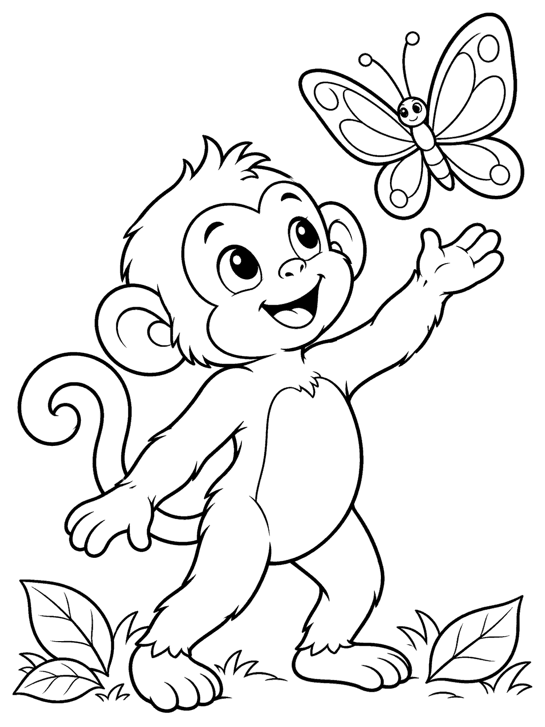 A standing monkey looks up at a large four-winged butterfly near its raised hand, framed by a few ground leaves.