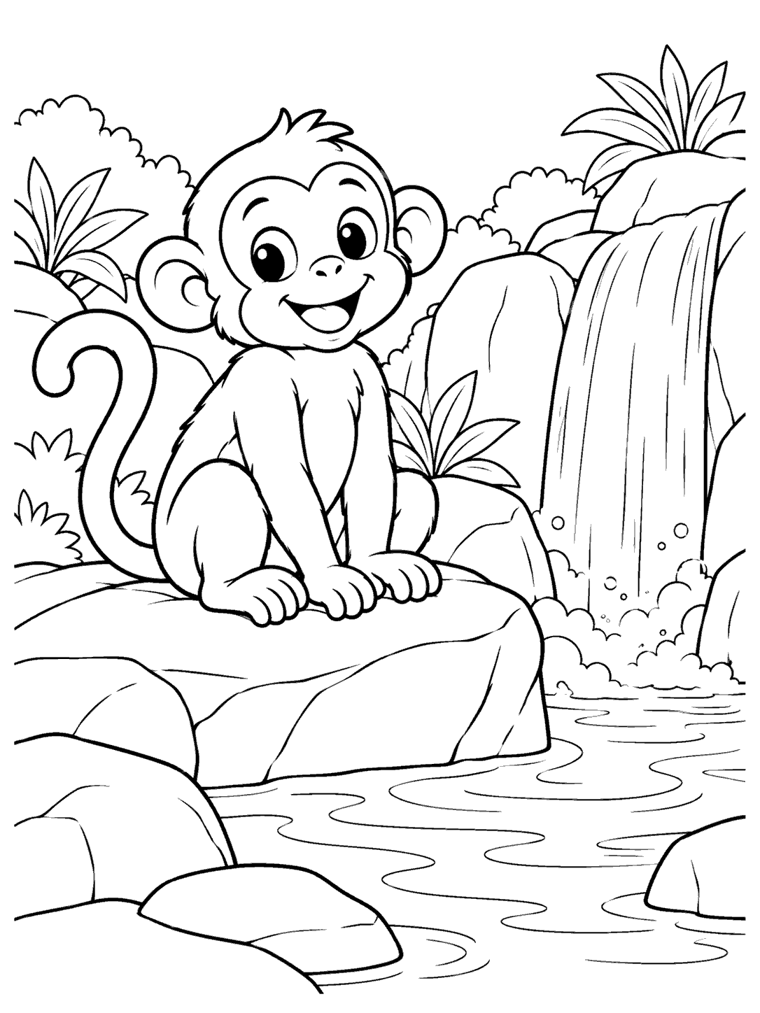 A smiling monkey seated on a large rock beside a waterfall flowing into a shallow pool, with plants and smaller rocks around it.