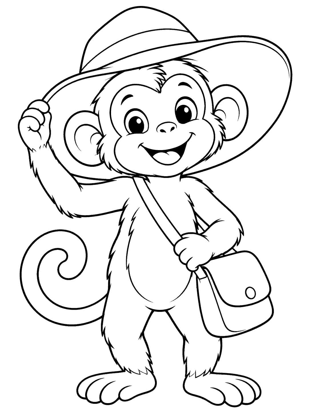 Friendly standing monkey wearing a wide-brimmed hat and a shoulder bag, holding the hat brim with one hand.