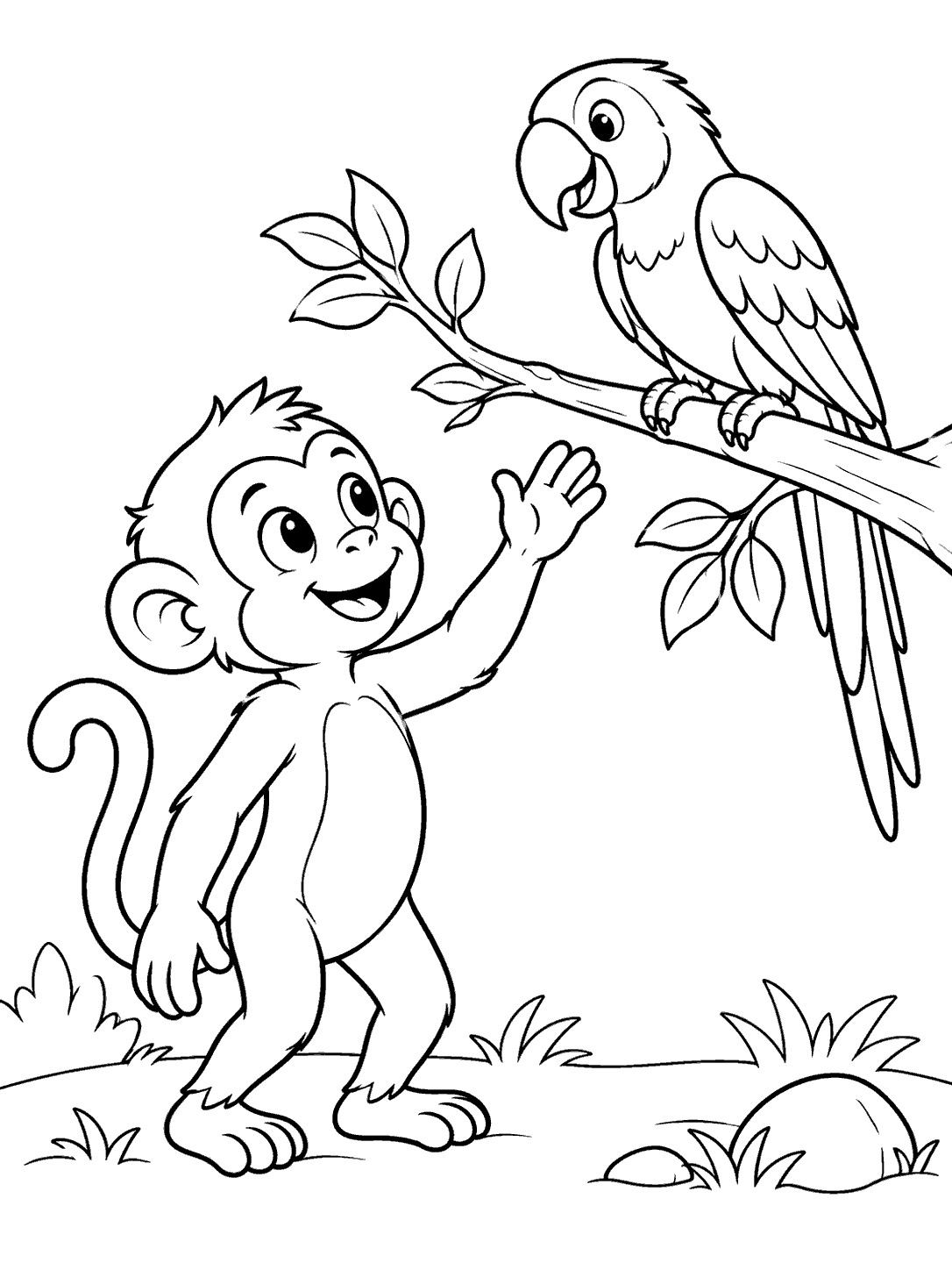 A monkey reaches toward a parrot perched on a leafy branch.