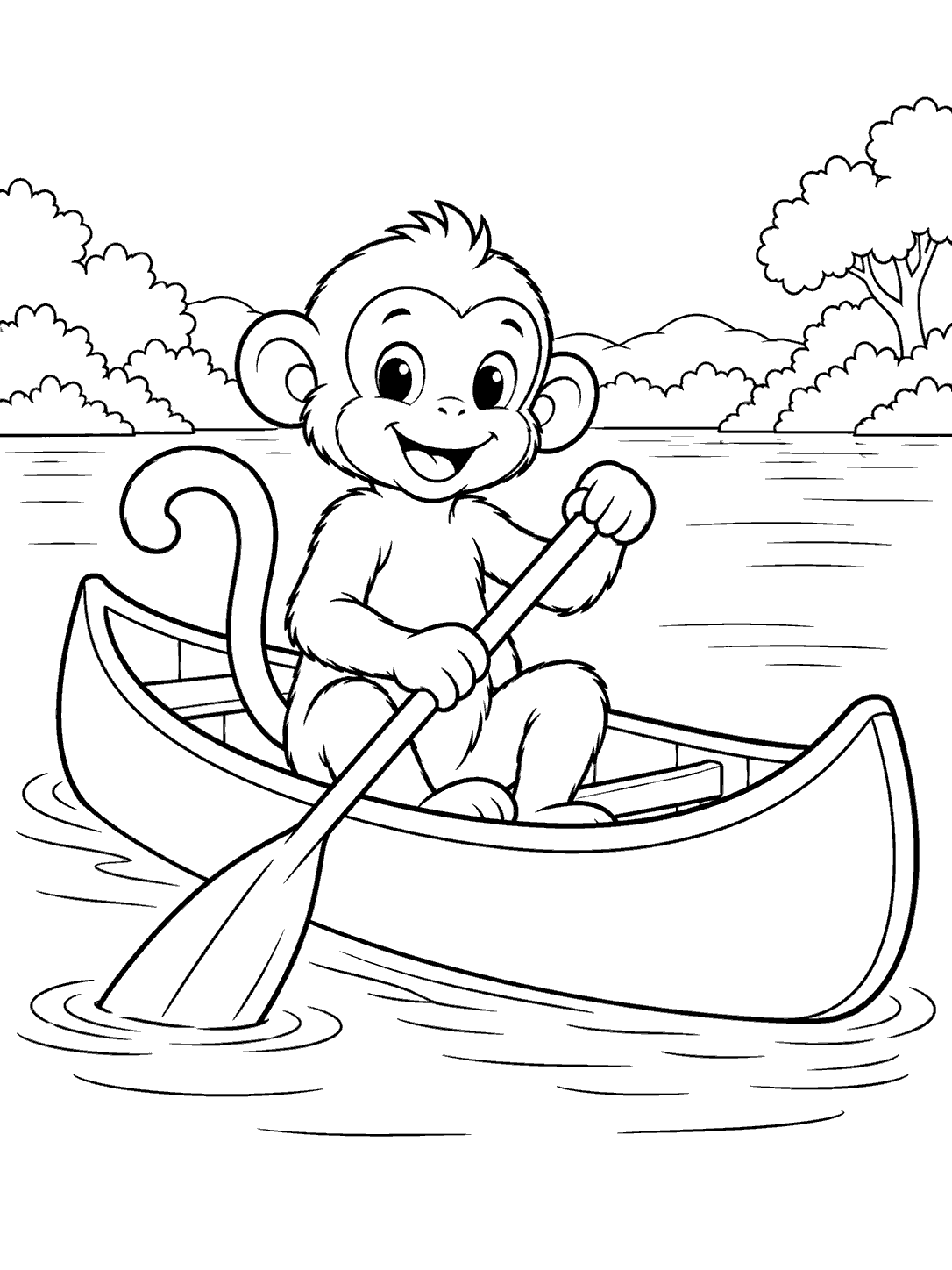 Seated monkey paddling a canoe with a single paddle on calm water, with leafy shapes in the distance.