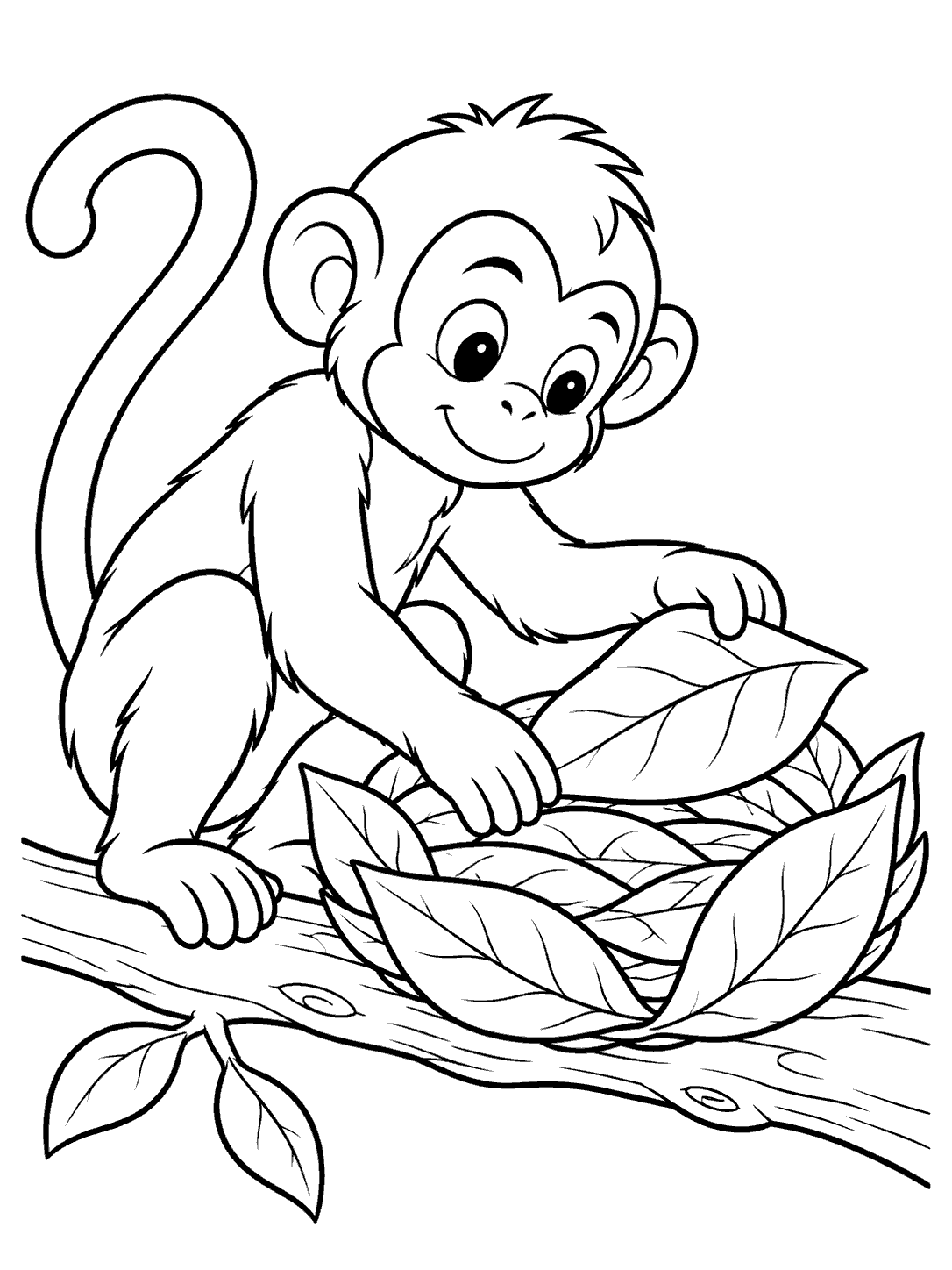 A crouching monkey places a broad leaf over a nest of overlapping leaves on a branch.