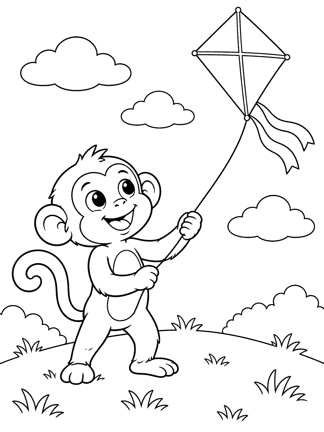 A monkey standing on a hill holds a kite string as a diamond kite with ribbon tails floats overhead.