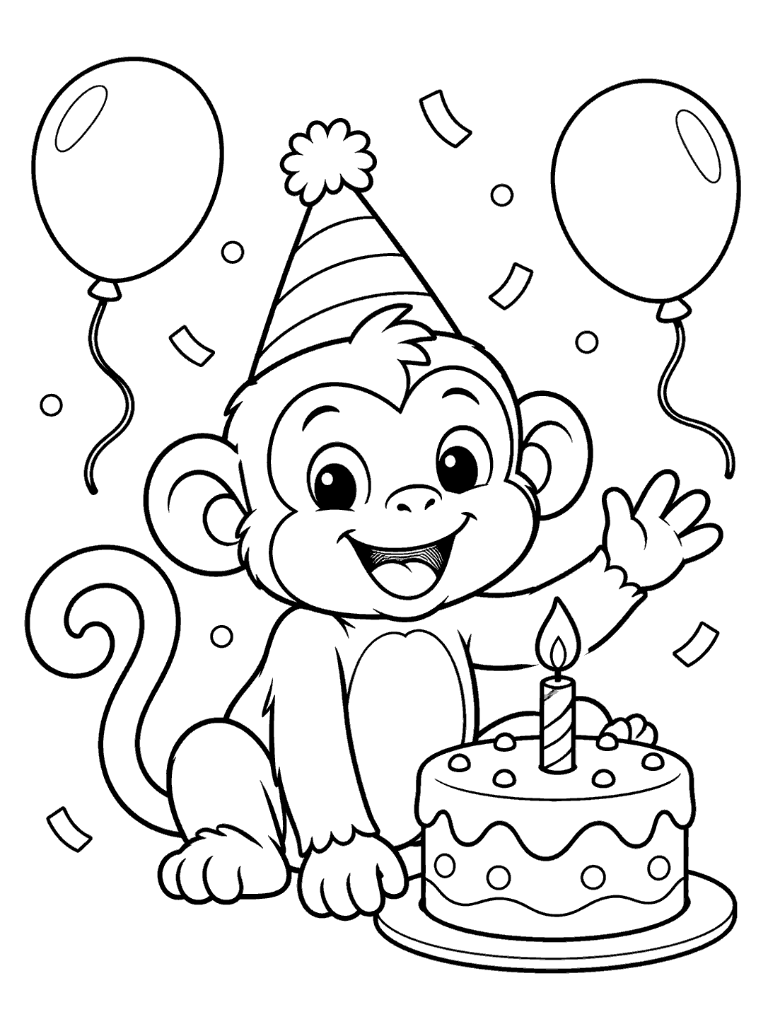 A cheerful monkey in a party hat waves beside a birthday cake topped with one candle, with two balloons behind it.