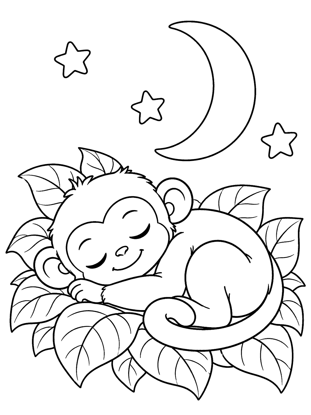 A curled-up sleeping monkey with its tail tucked beside its body, resting on leafy bedding beneath a crescent moon and three stars.